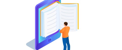 Cartoon depiction of a man reading on a book vs. screen