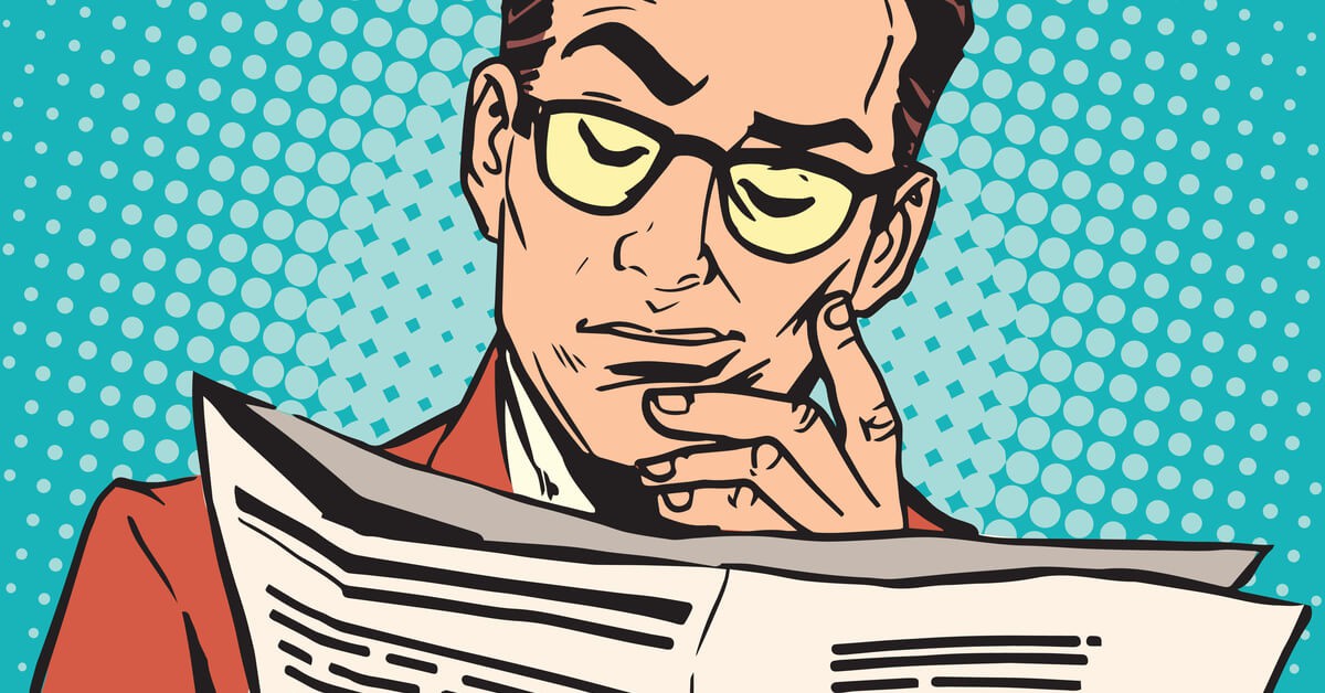 Cartoon description of a man reading a newspaper
