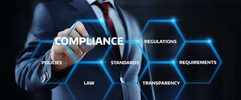 Man pointing at stylized illustration with word "Compliance" in big letters