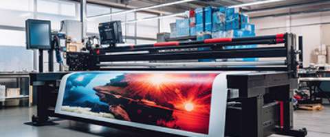 Wide-format printer printing vivid print, standing in large office space
