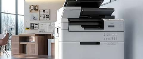 Large office printer sitting in modern office space