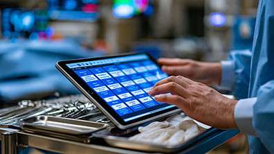 Close-up of manicured hands swiping icon grid of equipment procurement software