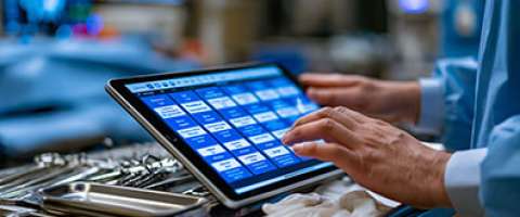 Close-up of manicured hands swiping icon grid of equipment procurement software