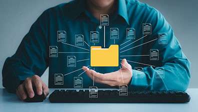 Document management system concept, business man holding folder and document icon software, searching and managing files online document database, for efficient archiving and company data