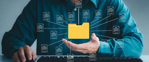 Document management system concept, business man holding folder and document icon software, searching and managing files online document database, for efficient archiving and company data