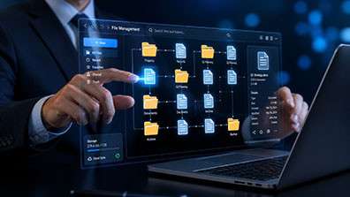 File management document system with folders, digital storage, cloud sync, document organization, archive workflow, secure file access, project folders, and business document control dashboard concept