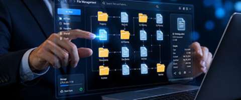 File management document system with folders, digital storage, cloud sync, document organization, archive workflow, secure file access, project folders, and business document control dashboard concept