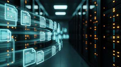 Holographic document cards floating over a server aisle in a data center for enterprise content management