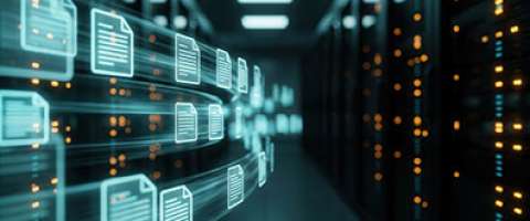 Holographic document cards floating over a server aisle in a data center for enterprise content management